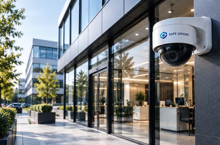 Caméra de vidéosurveillance dôme installée en façade d'un immeuble de bureaux