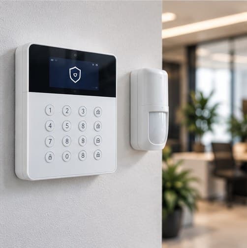 Clavier de commande d'un système d'alarme anti-intrusion fixé au mur