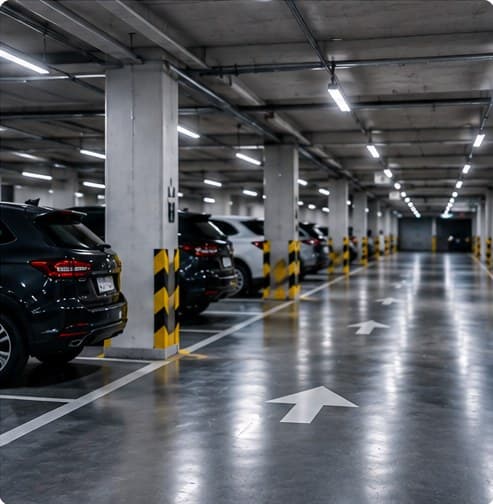 Parking souterrain avec véhicules garés